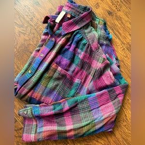 Anthropologie Pilcro Relaxed Blue Purple Plaid Button Down Textured XL